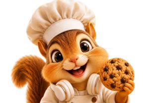 Little Batch Bakery chipmunk brand character holding cookies