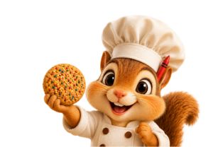Little Batch Bakery chipmunk brand character with cookies