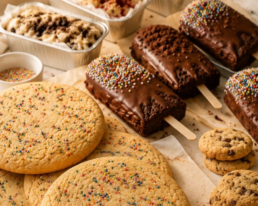 Assorted bakery treats styled on a warm surface